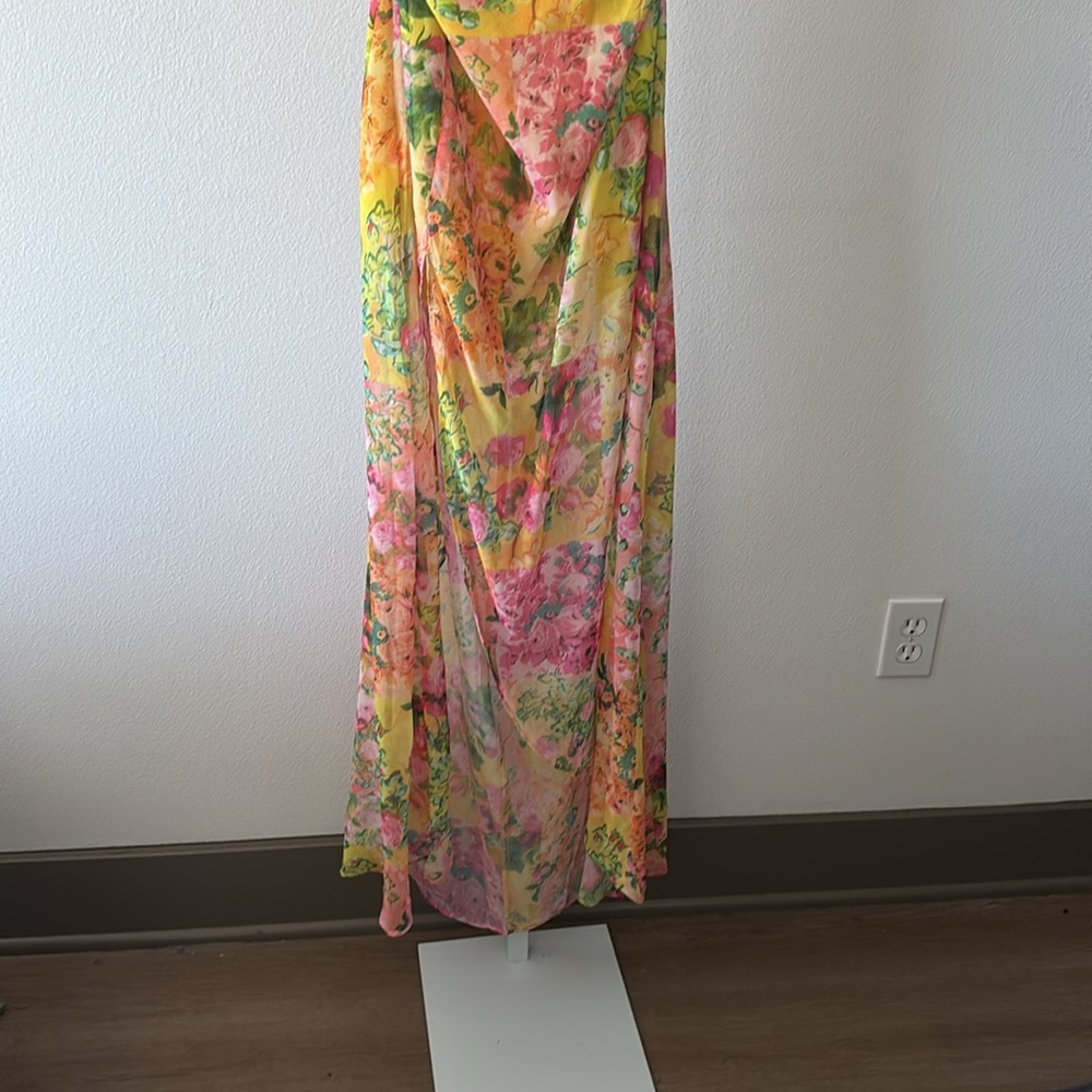 NWT Floral Dress L Y2K Lace-Up Back Maxi Side Slit Coquette Boho Resort Romantic - Picture 7 of 16